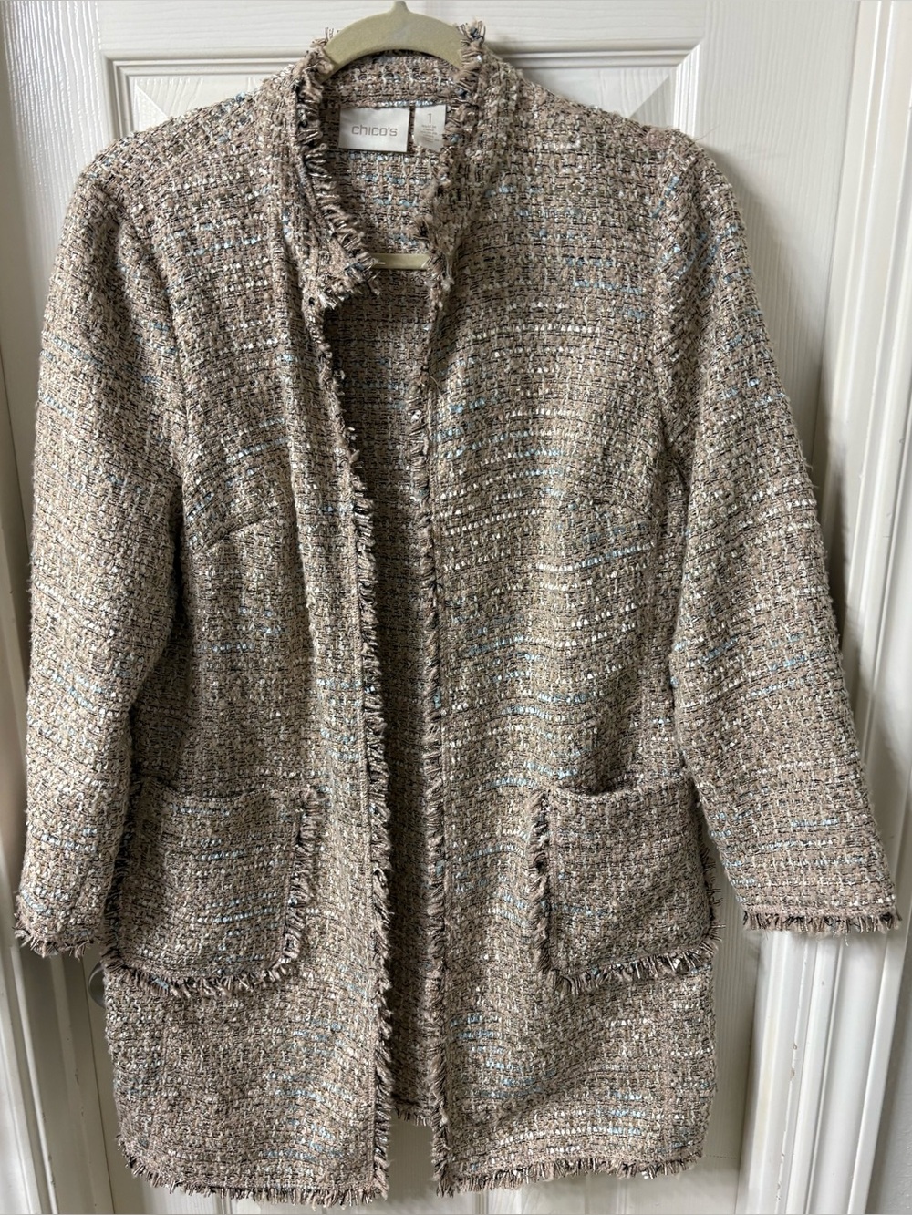 Chicos Chanel like boucle long open coat pocket iridescent threading sz 1or 8-10
